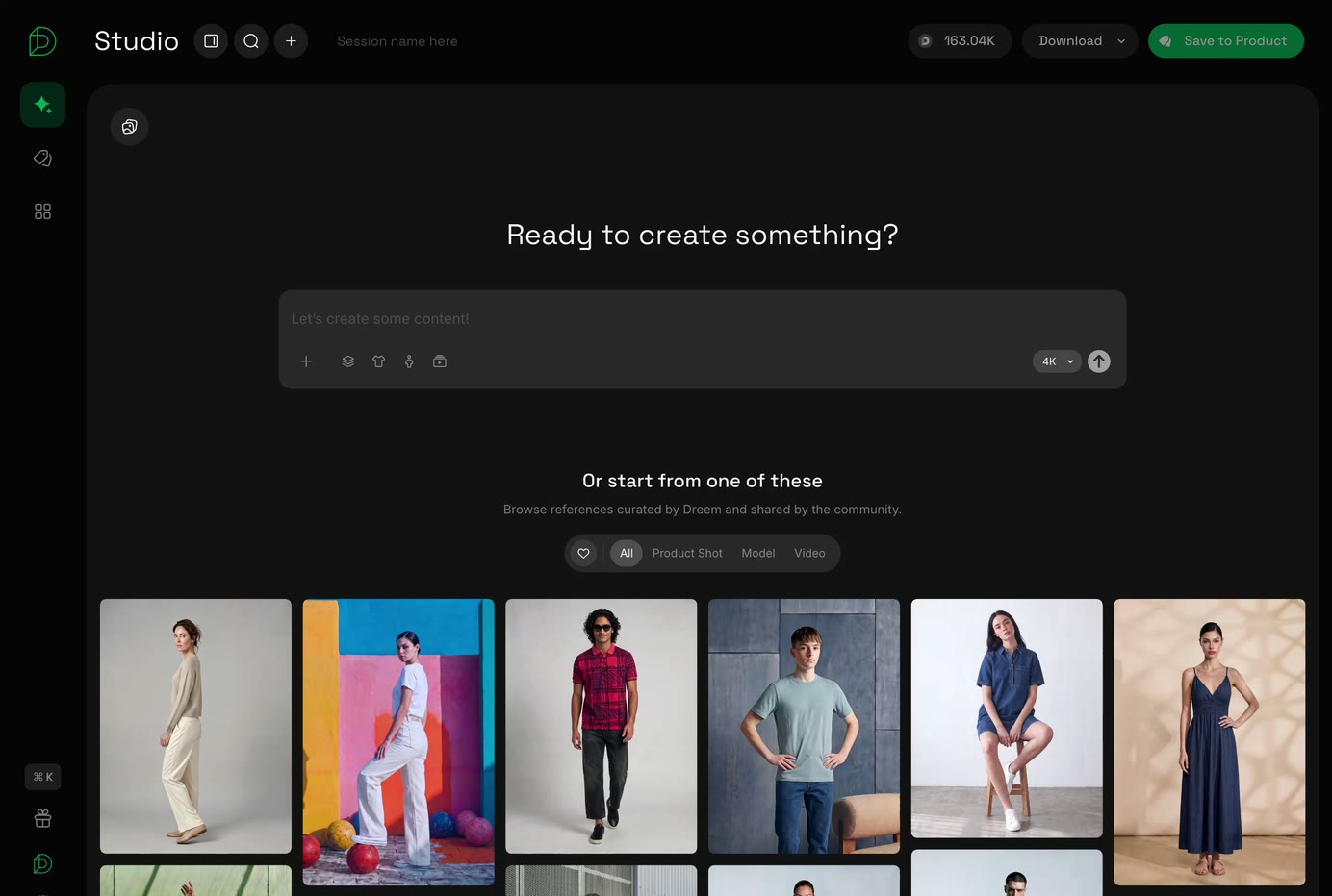Dreem's studio: a prompt box over a grid of generated on-model shots