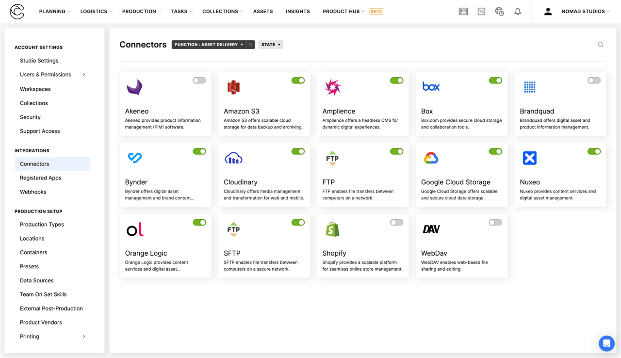 The connectors screen, delivery integrations enabled per studio