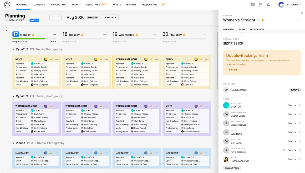 The planning calendar, a week of sessions grouped by studio and set beside a session's team sheet