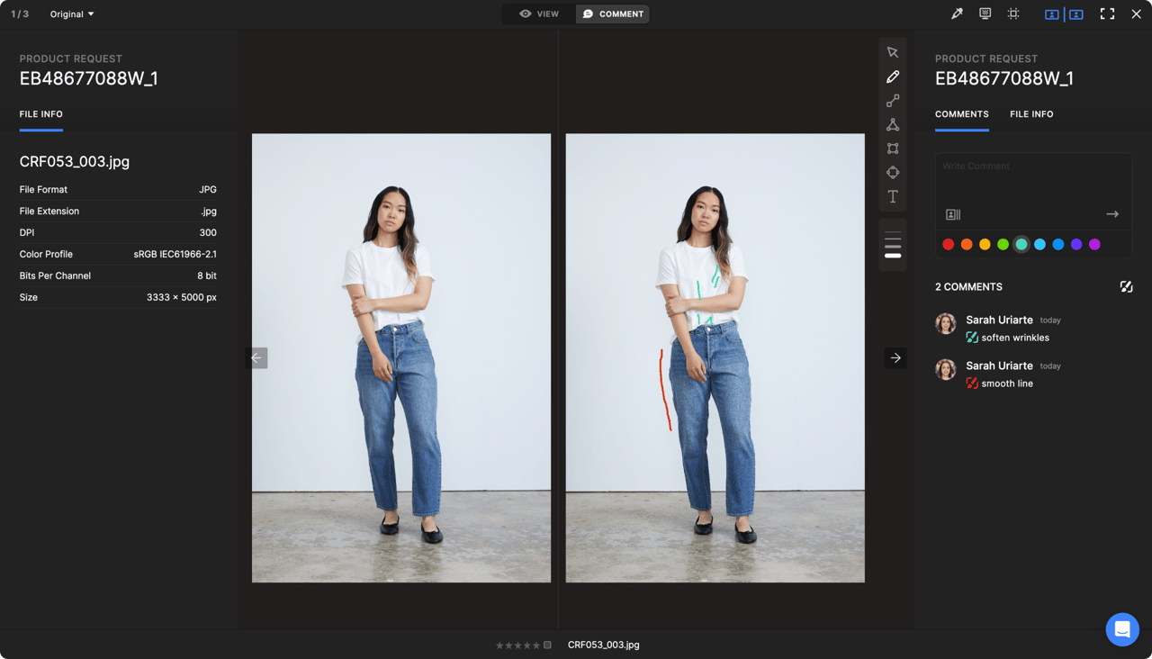 Two versions of a shot compared side by side with reviewer comments and markup
