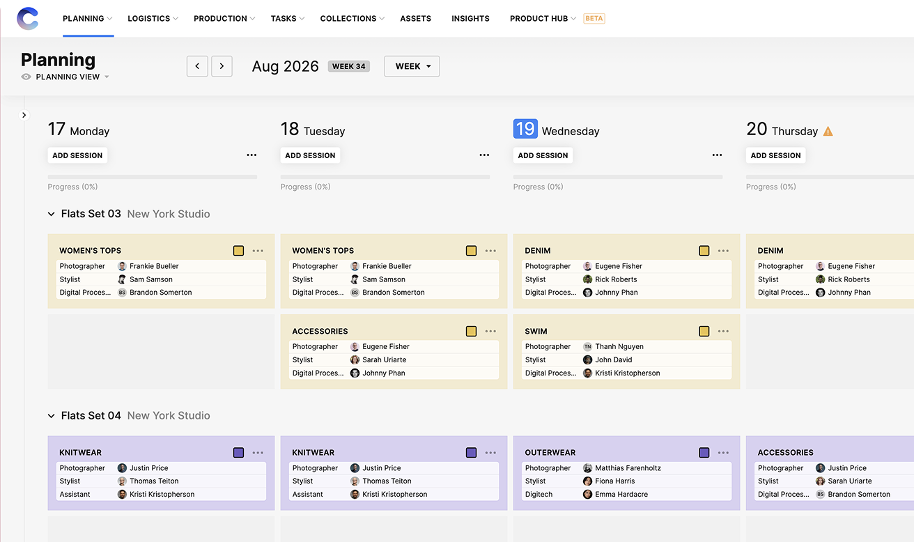 The planning calendar's week view, sessions grouped by set and studio