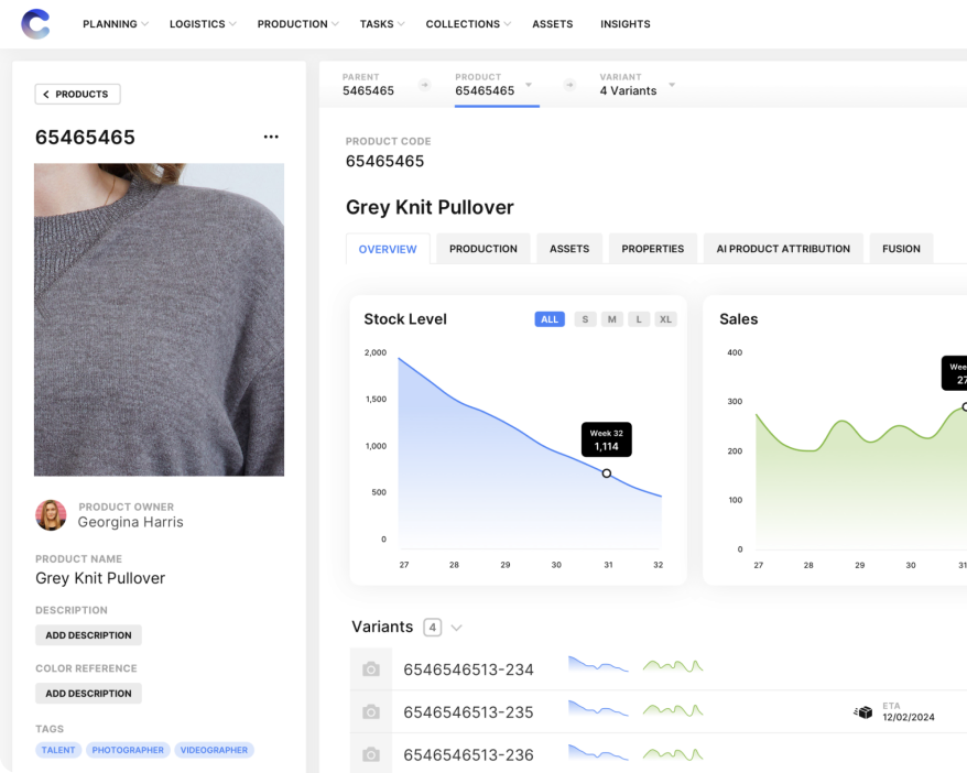 A product record showing stock level, sales and variants alongside the garment