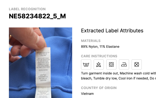 A care label photographed beside the material, care and origin attributes read from it