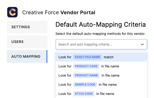 The vendor portal's auto-mapping criteria for uploaded files
