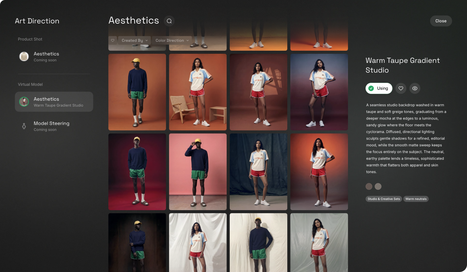 Dreem's art direction panel setting lighting, background and colourway