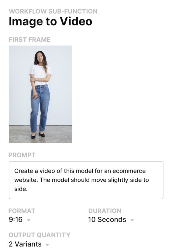 The image-to-video panel with its first frame, prompt, format and duration