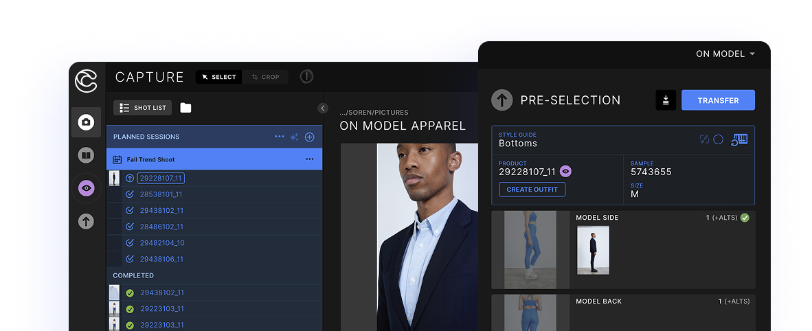 Kelvin's capture screen, the shot list beside the live on-model frame, with the pre-selection panel over it