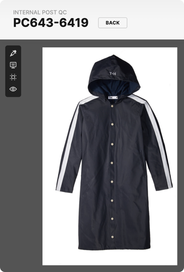 An internal post QC review of a jacket's main shot